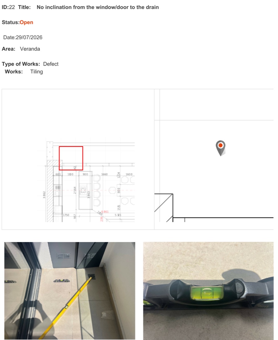 Page from a CheckIT report: defect entry with plan location and two photographs of a spirit level on a veranda floor