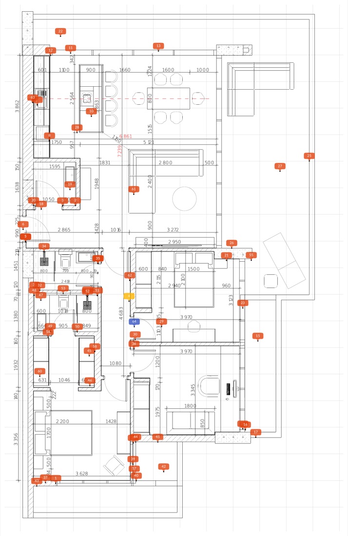 Defect plan from a real CheckIT report: 63 defects pinned on the floor plan of a 2-bedroom apartment in Limassol